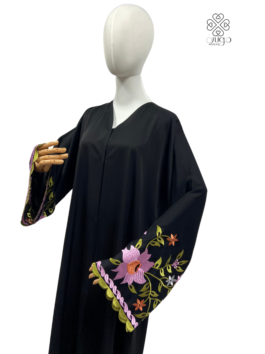 ✨ Floral Embroidered Wide Cuff Abaya – Nada Fabric