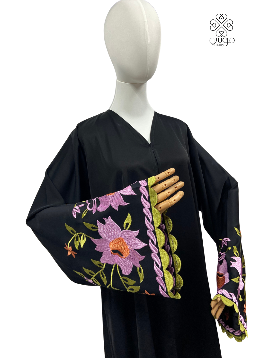 ✨ Floral Embroidered Wide Cuff Abaya – Nada Fabric