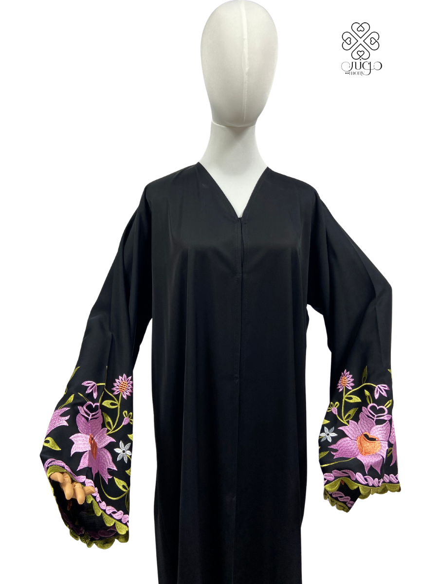 ✨ Floral Embroidered Wide Cuff Abaya – Nada Fabric