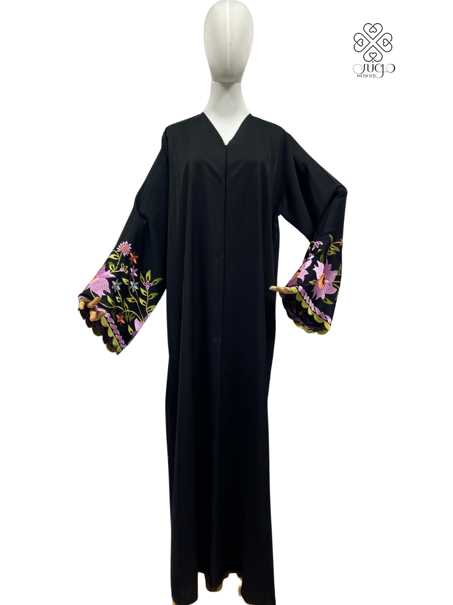 ✨ Floral Embroidered Wide Cuff Abaya – Nada Fabric