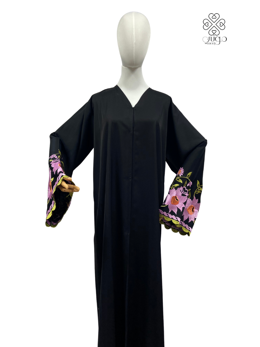 ✨ Floral Embroidered Wide Cuff Abaya – Nada Fabric