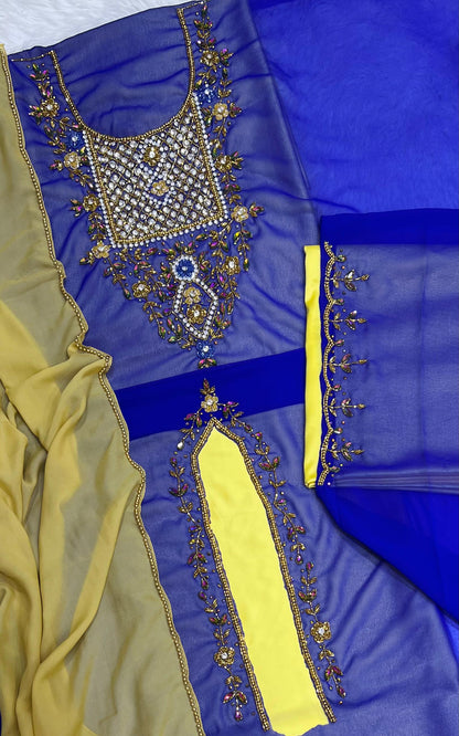 A luxurious abaya crafted from soft chiffon, embellished with delicate beaded embroidery extending down the bodice