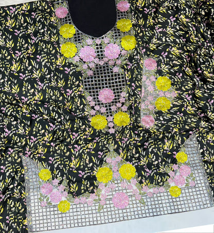 Italian raw silk fabric embellished with intricate embroidery featuring 6-pointed stones and an elegant hemline