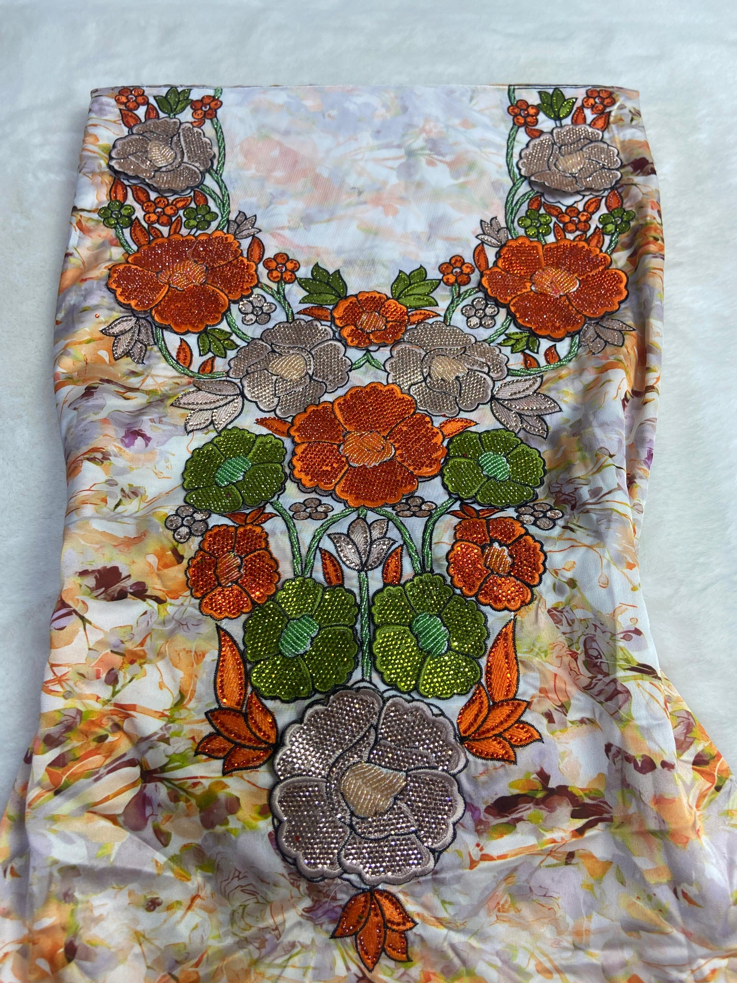mber 6 rhinestAuthentic Italian raw silk, embellished with 4D embroidery and nuones,