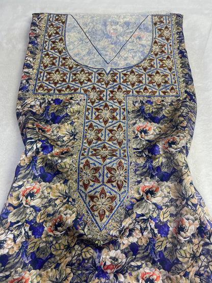 Authentic Italian digital silk fabrics with elegant embroidery embellished with 6-pointed stones add a touch of luxury