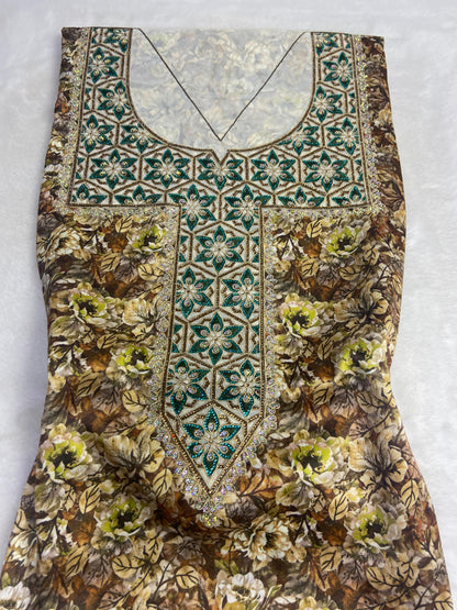 Authentic Italian digital silk fabrics with elegant embroidery embellished with 6-pointed stones add a touch of luxury