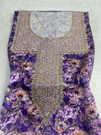 Authentic Italian digital silk fabrics with elegant embroidery embellished with 6-pointed stones add a touch of luxury