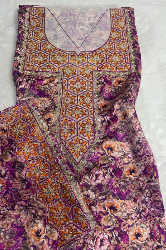 Authentic Italian digital silk fabrics with elegant embroidery embellished with 6-pointed stones add a touch of luxury
