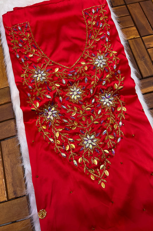 This stunning piece features luxurious Armani silk with intricate Moroccan beadwork, adding an authentic and elegant touch
