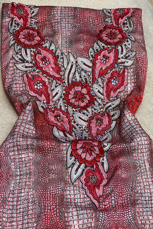 This authentic Italian silk fabric features intricate 3D embroidery with crystals and hand-beaded details