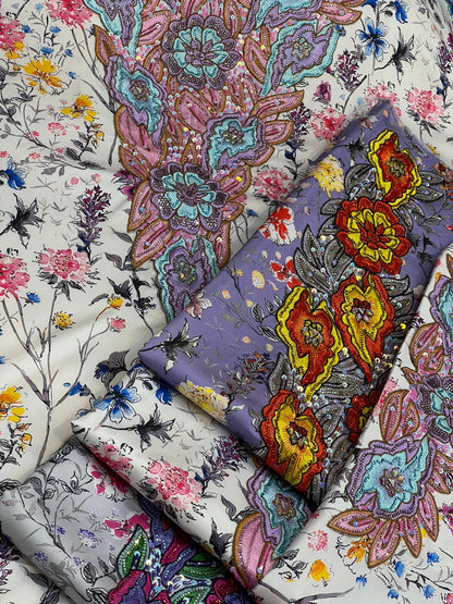 This authentic Italian silk fabric features intricate 3D embroidery with crystals and hand-beaded details