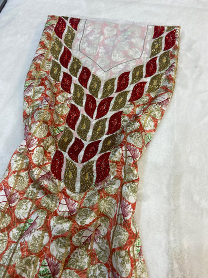 This luxurious Indonesian silk is presented in a new design, adorned with delicately set stones and six beads