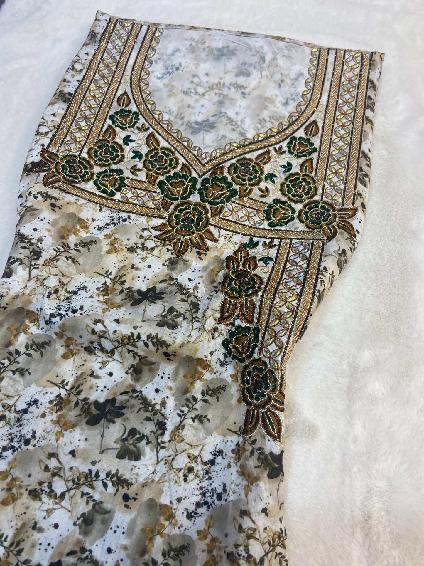 New digital cotton embellished with a six-pointed star design and elegant beads,