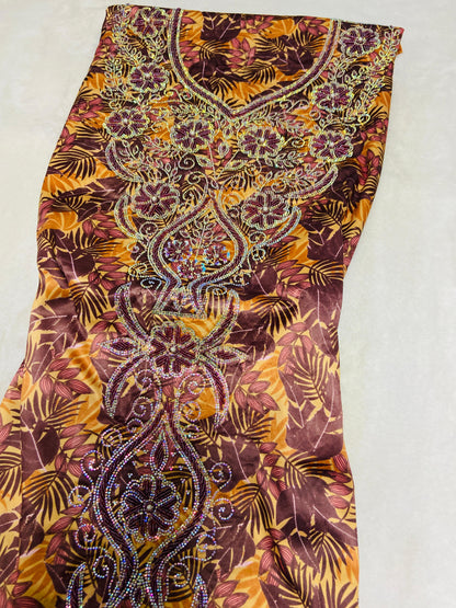 Enjoy the luxury of new digital silk, featuring an integrated design with six-pointed stones and exquisite khars embroidery
