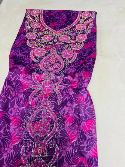 Enjoy the luxury of new digital silk, featuring an integrated design with six-pointed stones and exquisite khars embroidery