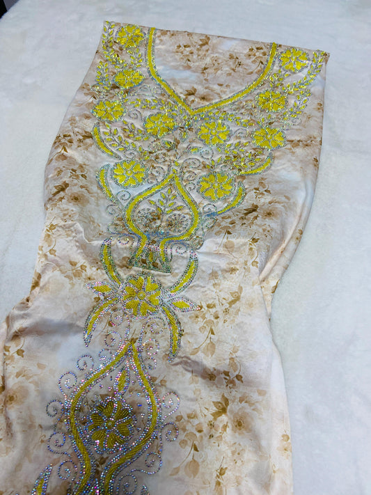 Enjoy the luxury of new digital silk, featuring an integrated design with six-pointed stones and exquisite khars embroidery