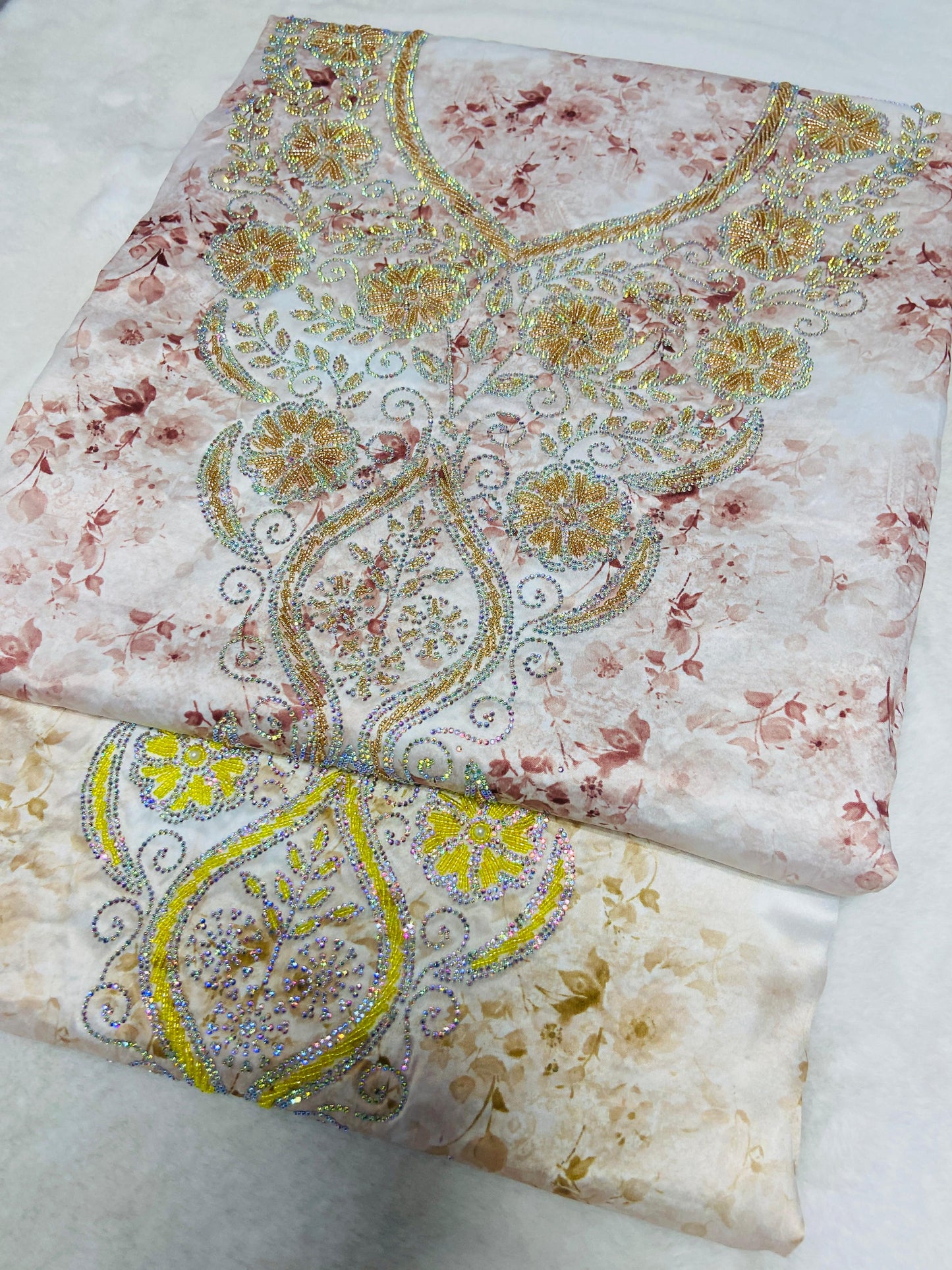 Enjoy the luxury of new digital silk, featuring an integrated design with six-pointed stones and exquisite khars embroidery