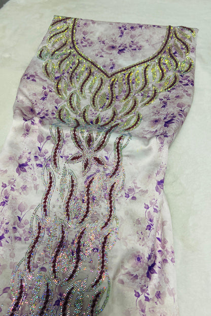 Enjoy the luxury of new digital silk, featuring an integrated design with six-pointed stones and exquisite khars embroidery