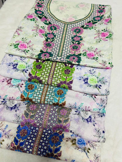 Luxurious Armani silk in a new design, embellished with six original medium-sized rhinestones
