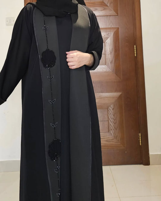 "Luxury in Every Detail – Timeless Black Abaya with Beaded Elegance"