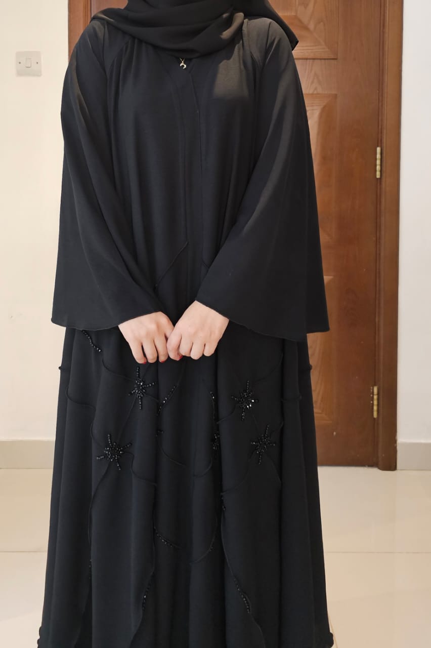 "Refined Simplicity – Classic Black Abaya with Luxurious Embroidery"