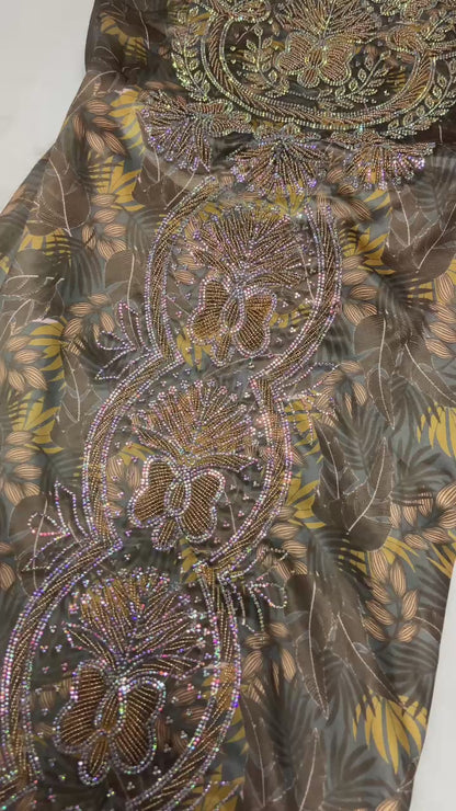 Enjoy the luxury of new digital silk, featuring an integrated design with six-pointed stones and exquisite khars embroidery