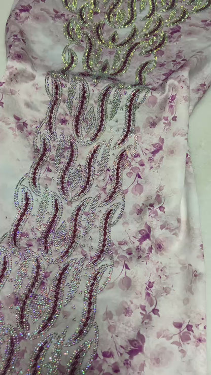 Enjoy the luxury of new digital silk, featuring an integrated design with six-pointed stones and exquisite khars embroidery