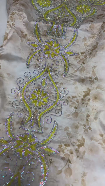 Enjoy the luxury of new digital silk, featuring an integrated design with six-pointed stones and exquisite khars embroidery