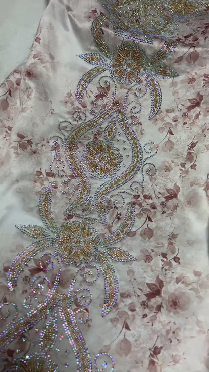 Enjoy the luxury of new digital silk, featuring an integrated design with six-pointed stones and exquisite khars embroidery