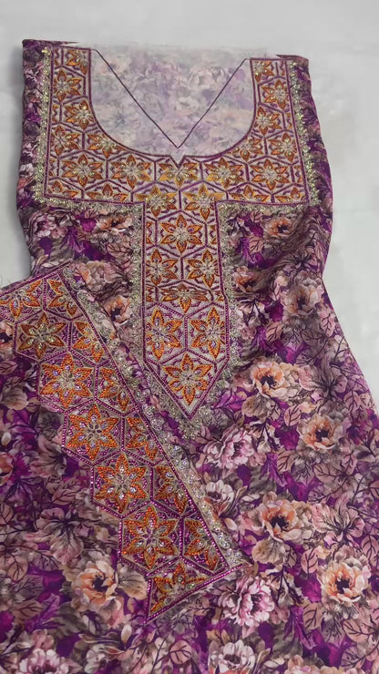 Authentic Italian digital silk fabrics with elegant embroidery embellished with 6-pointed stones add a touch of luxury